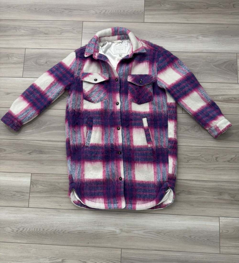 NWT BLANKNYC Womens L Plaid Shacket Coat Pink Purple Brushed Wool Blend Longline